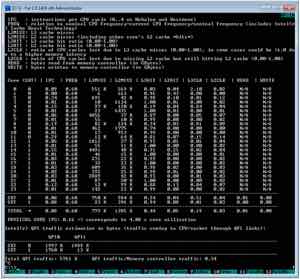 Intel Performance Counter Monitor 的命令行输出同时列出每个核心的 IPC、频率、缓存命中率、读取和写入流量。