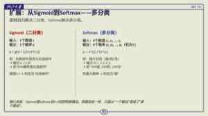 图中对照 sigmoid 与 softmax。sigmoid 用于二分类,softmax 用于多分类,它们都输出可解释的概率。